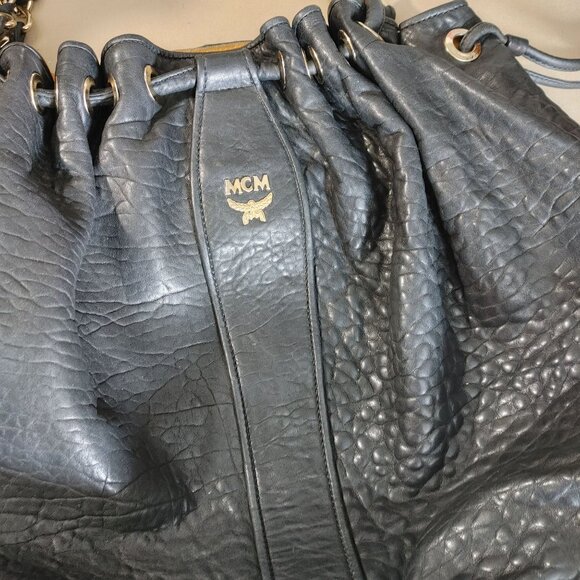 MCM Hobo Handbag Aren Extra Large Drawstring Black Leather Dual Handle Italy COA - Picture 7 of 16